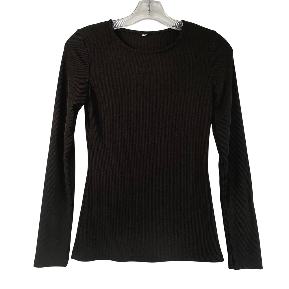 Women Solid Black Ribbed Knit Long Sleeve Crew Neck Slim Fit Top Size M